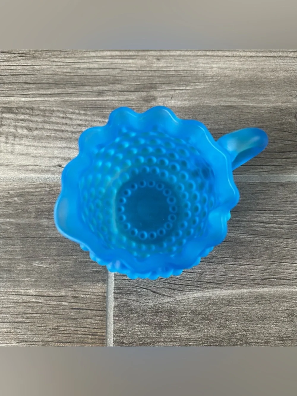 Vintage Fenton Frosted Satin Blue Teal Hobnail W/Ruffled Edge Table Creamer